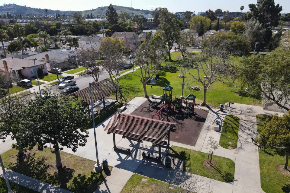 Aerial view of park playground in West Los Angeles, California.